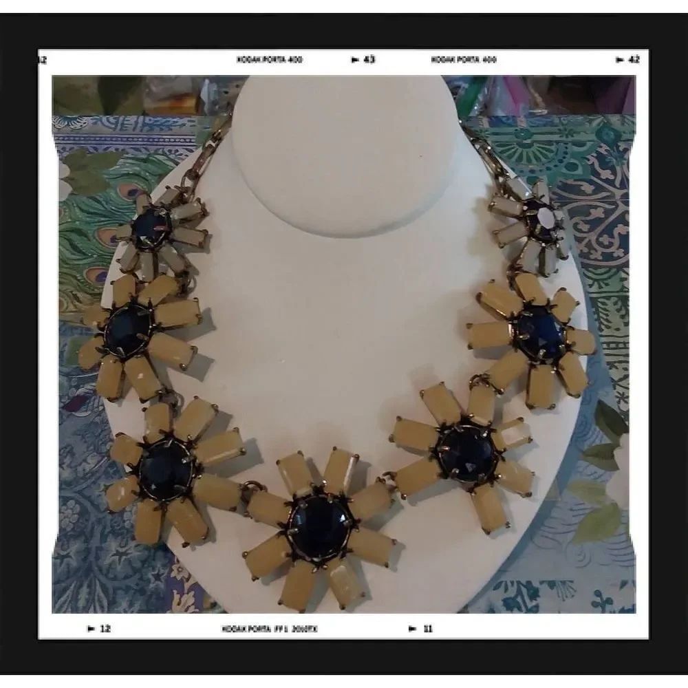 J CREW JEWELS Blue Crystal & Yellow Stone Colored Floral Statement Necklace